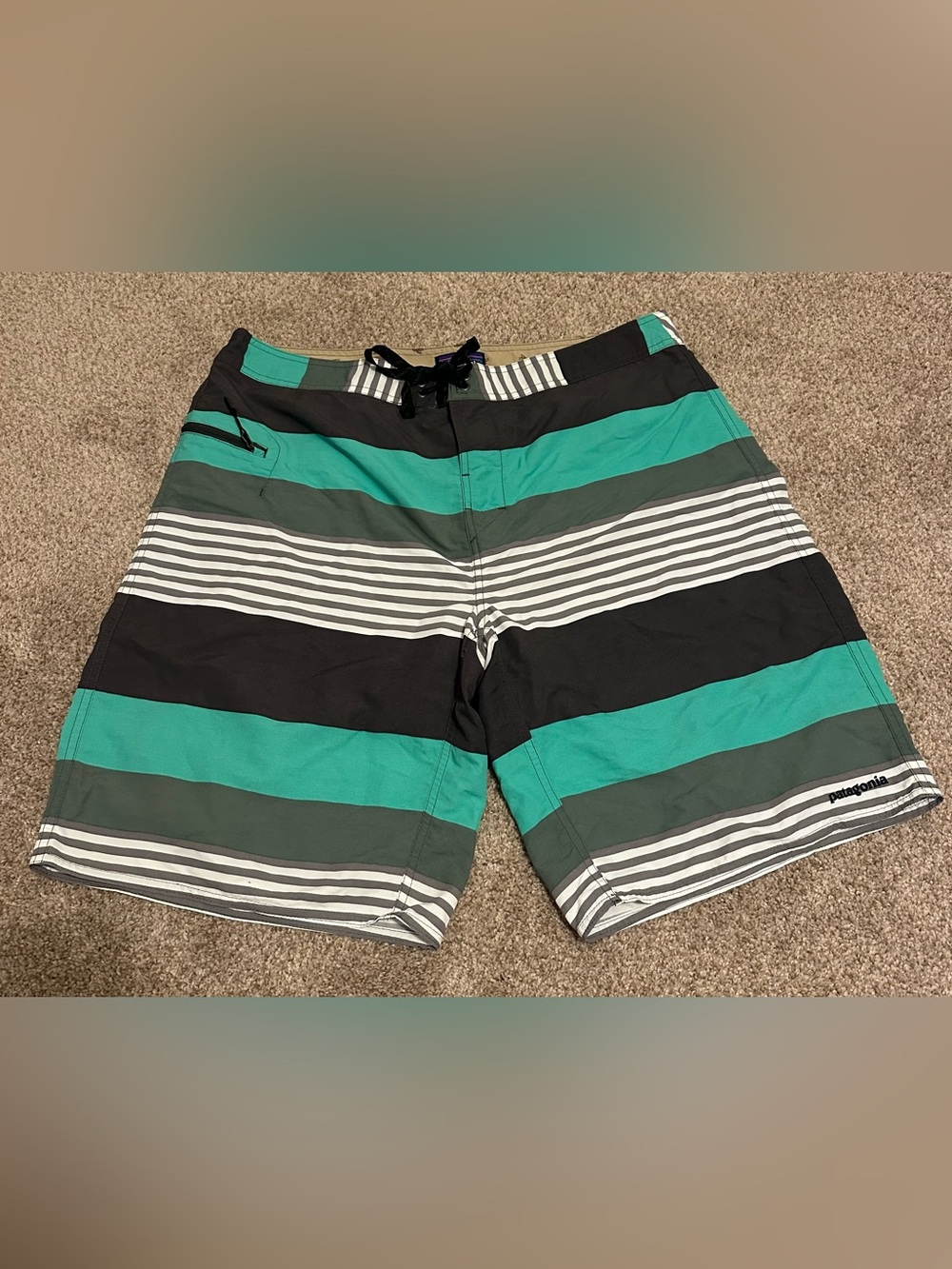 Patagonia Teal, Black & Gray Striped Men's  Wavefarer Board Shorts